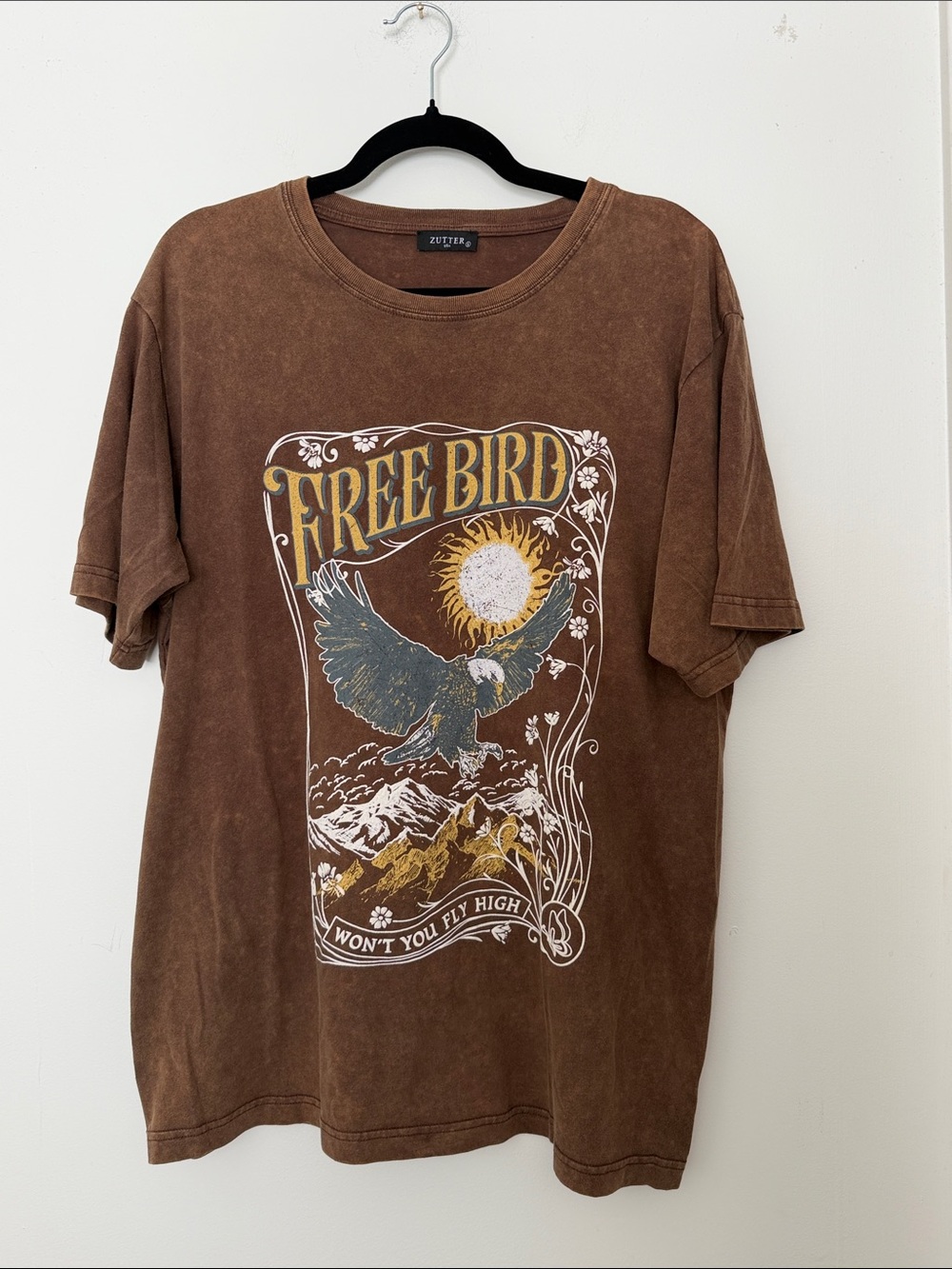 zutter Free Bird Graphic T-Shirt Distressed Brown Oversized Small